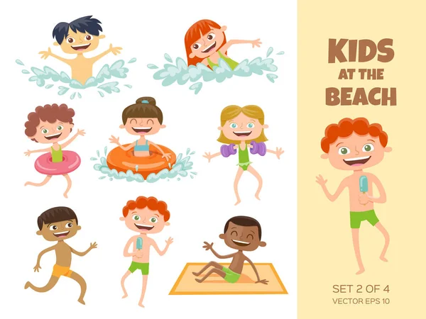 Collection d'enfants jouant à la plage . — Image vectorielle