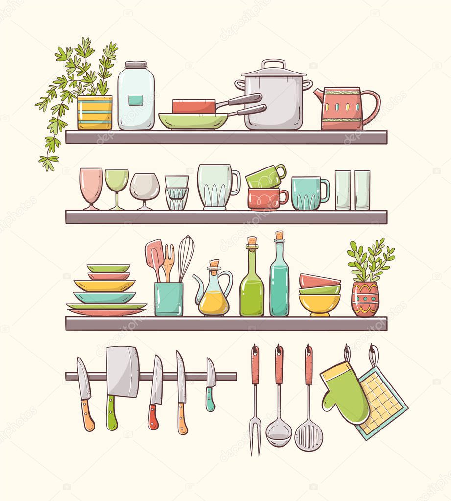 Hand drawn kitchen shelves with color