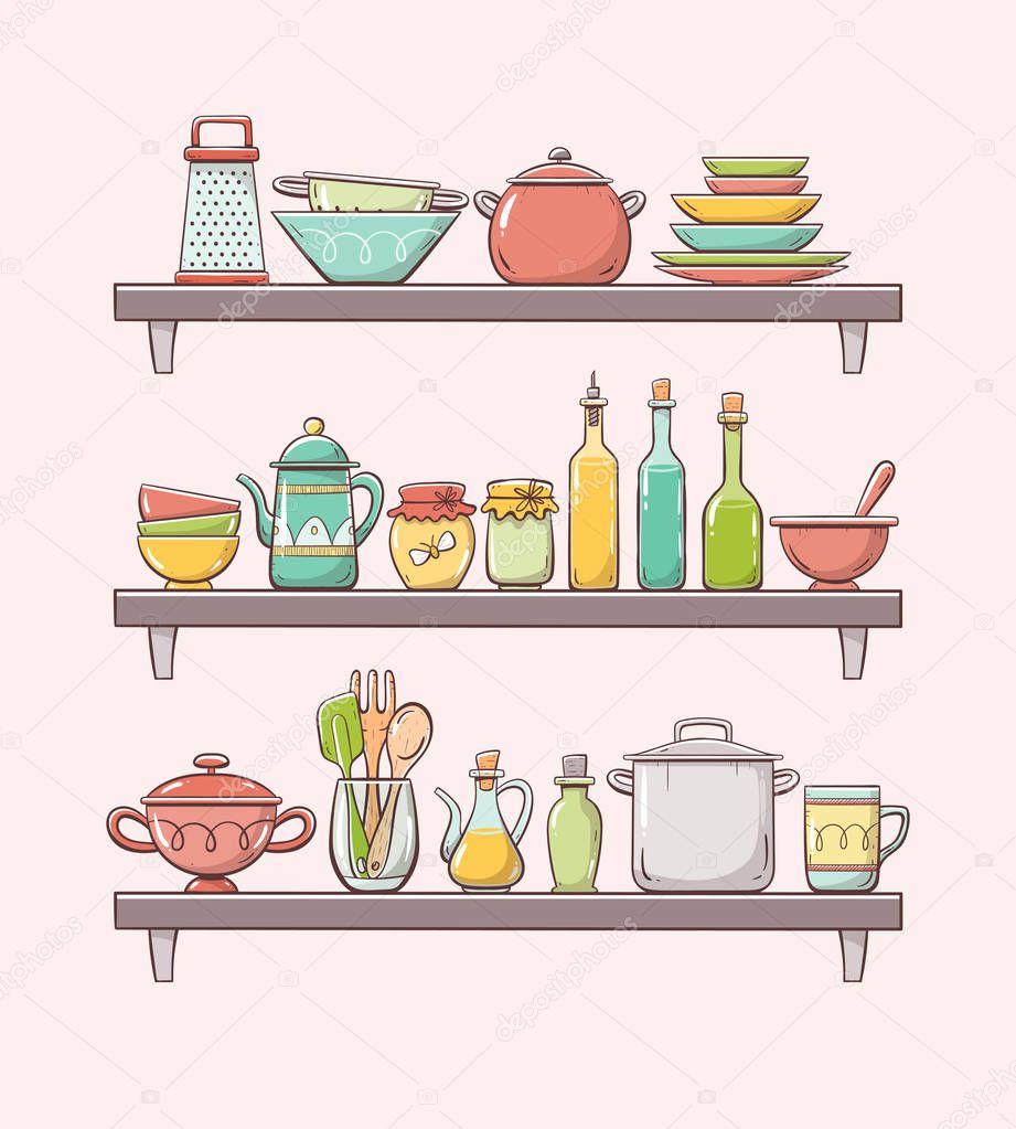 Colorful kitchen supplies on shelves.