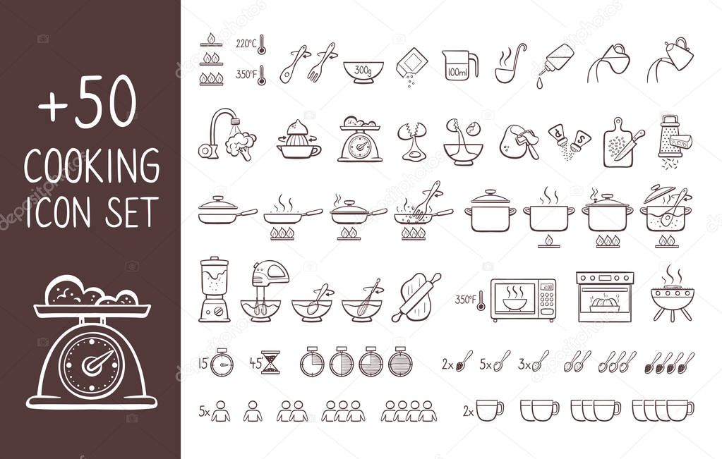 Cooking instructions doodle icon set