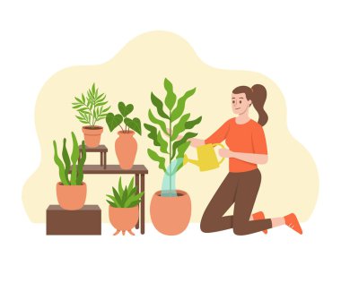 Çiçeklerini sulayan, diz çökmüş bir kadın. Bahçe işleri konsepti. Vektör illüstrasyonu beyaz arkaplanda izole edildi.