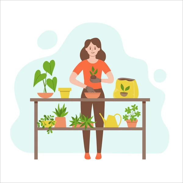 Une Femme Transplantant Une Plante Dans Autre Pot Concept Jardinage — Image vectorielle