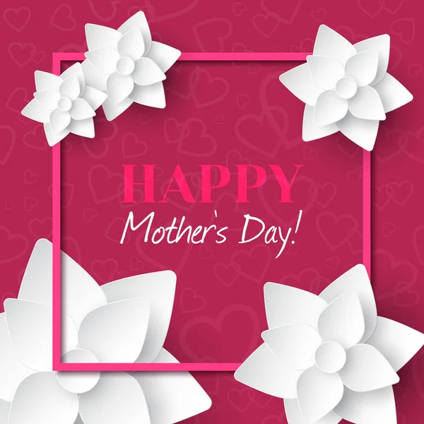 Glücklicher Muttertag. Grußkarte mit Rahmen und weißen Papierblumen — Stockvektor