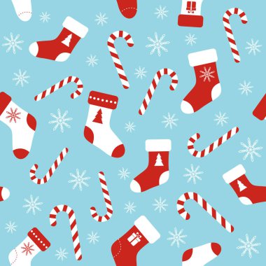 Noel vektör kesintisiz mavi desenle baston şekerler, Noel çorap ve kar taneleri