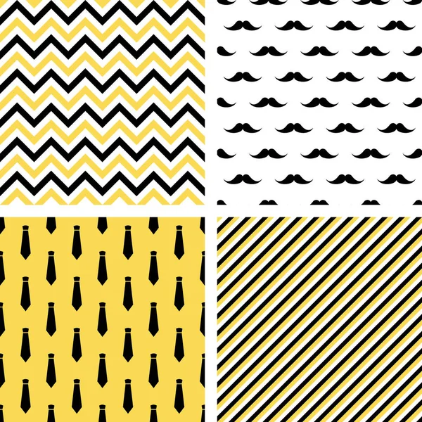 Set of printable vector seamless male patterns. Mustaches, neckties, chevron — Stock Vector