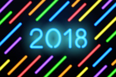 Mutlu yeni yıl 2018. Vektör neon tebrik kartı