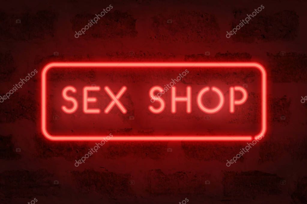 Sex shop neon. Vector red sign on the wall. Adult store