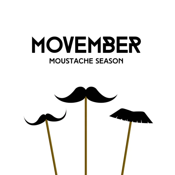 Movember. La saison des moustaches. Carte vectorielle minimale avec masques de moustache sur bâtons — Image vectorielle