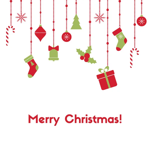 Καλά Χριστούγεννα. Ευχετήρια κάρτα με κρεμώντας στεφάνια, Χριστουγεννιάτικα παιχνίδια, δώρο πλαίσιο, καλάμια καραμέλα, καλσον — Διανυσματικό Αρχείο