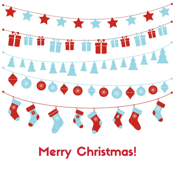 Weihnachtsgrußkarte mit festlichen Girlanden, Weihnachtsspielzeug, Strümpfen, Geschenkschachteln — Stockvektor