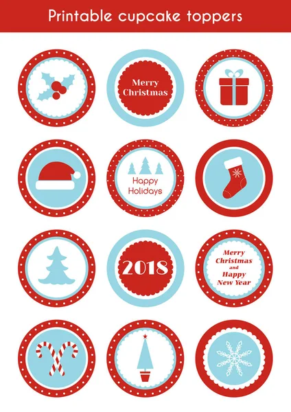 Kerst afdrukbare stickers. Cirkel cupcake toppers, labels voor kerstfeest — Stockvector
