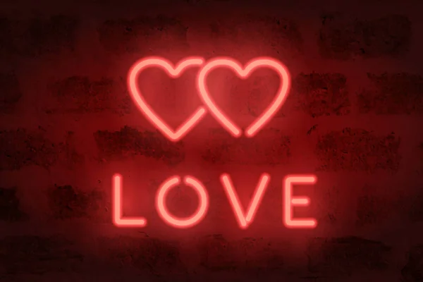 Insegna amore al neon sul muro. Cuori illuminati al neon — Vettoriale Stock