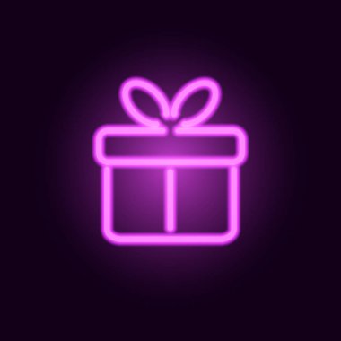Pembe neon hediye kutusu. Vektör gerçekçi neon tabela