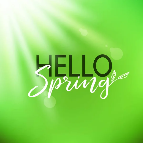 Hello spring vector card. Lettering with green sunny background — Stock Vector