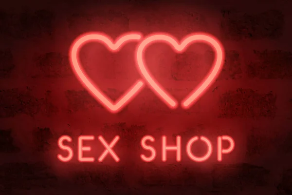 Neón sex shop vector signo. Corazones rojos brillantes — Vector de stock