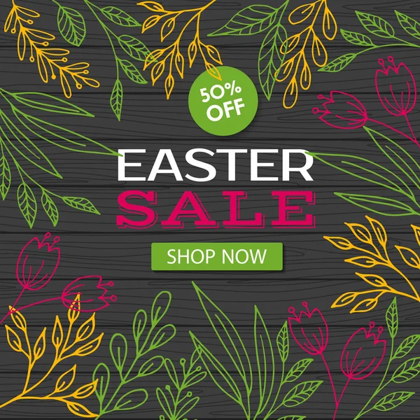 Vendita Pasqua. Modello di sconto vettoriale. Erbe e fiori su sfondo di legno — Vettoriale Stock
