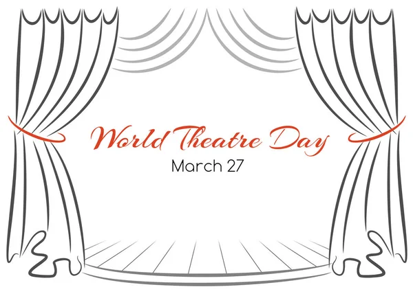 World theatre day vector greeting card with curtains and scene — Stock Vector