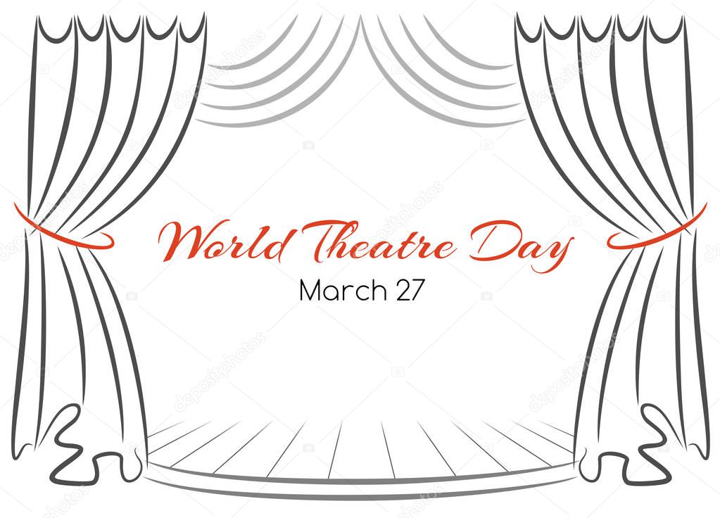 World theatre day vector greeting card with curtains and scene