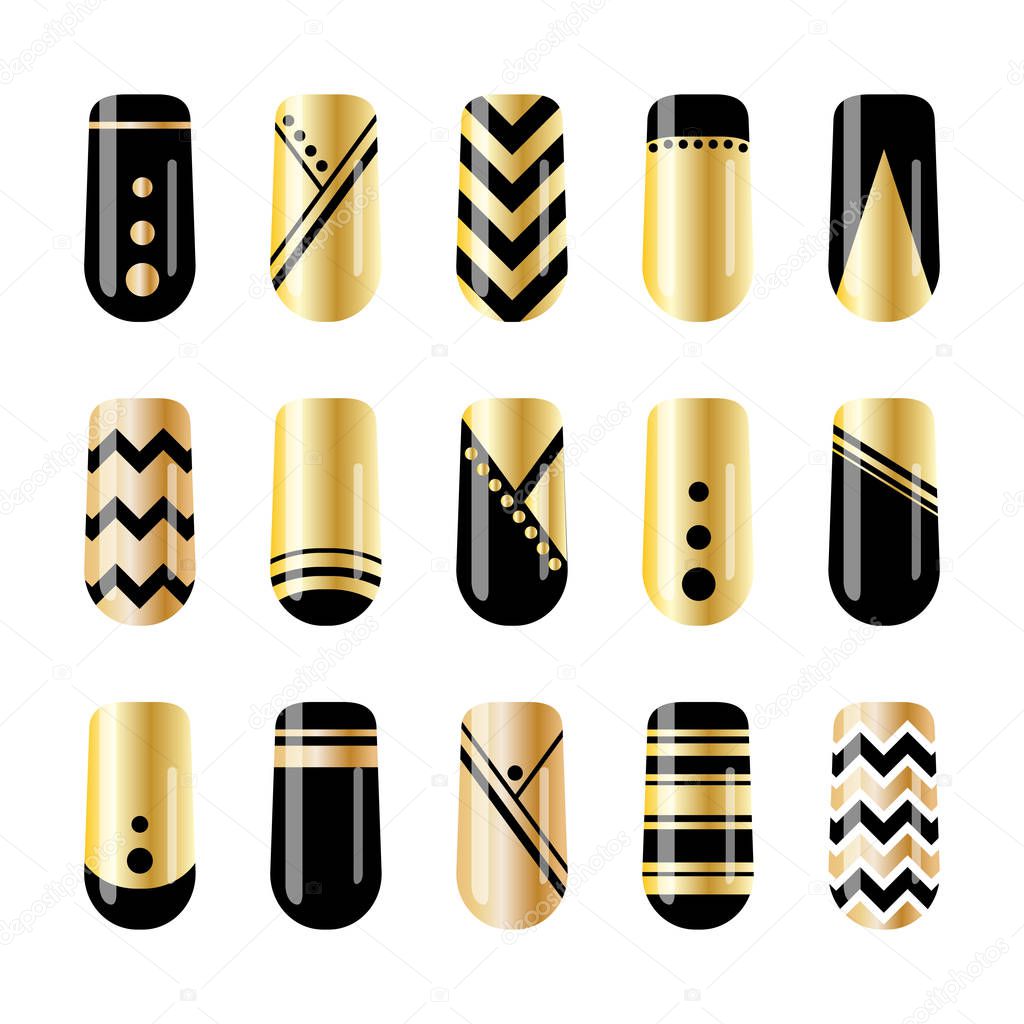 Nail art. Gold and black nail stickers design