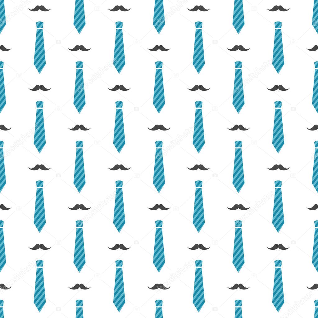 Vector seamless pattern with mustaches and blue neckties. Male hipster background