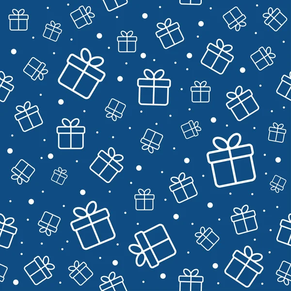 Cajas de regalo y nieve. Patrón sin costura vectorial. Clásico color azul de moda. Fondo mínimo para papel de regalo — Vector de stock
