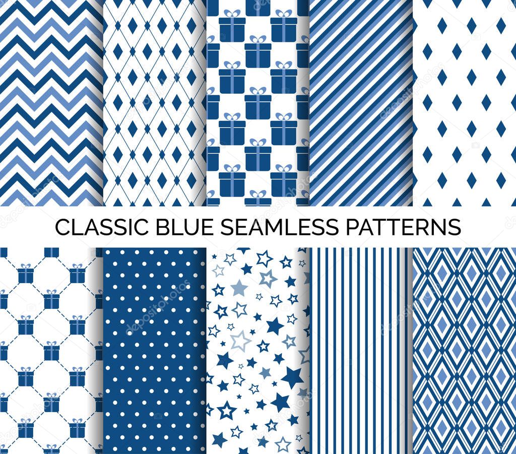 Set of classic blue seamless pattern. Vector abstract backgrounds. Chevron, polka dots, striped. For wallpaper design, wrapping paper, fabric print