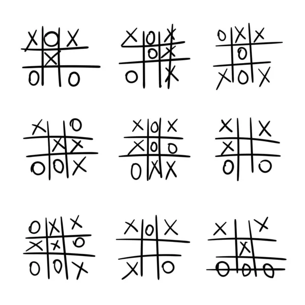 Conjunto de vetores de jogos tic tac toe. Diferentes variantes de solução. Desenhado à mão —  Vetores de Stock