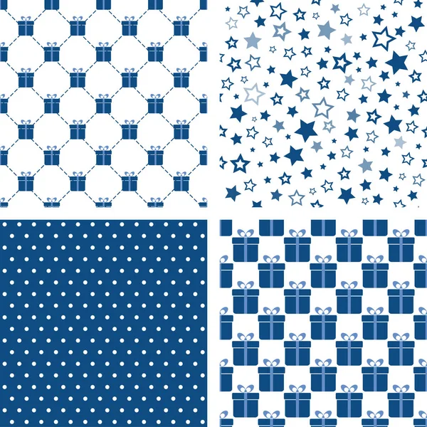 Blauwe naadloze patronen. Vector achtergronden met geschenkdozen, sterren, stippen. Voor behang, stofprint — Stockvector