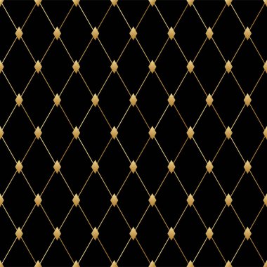 Siyah, lüks, kusursuz desen. Vektör art deco arka planı. Altın dimonlar ve çizgiler. Premium paket tasarımı için