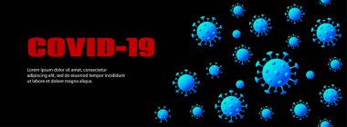 Covid-19 vektör uzun bayrak. Mavi virüslü koyu arkaplan ve metin