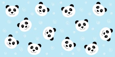 Şirin panda kusursuz desen. Kamwaii beyaz panda suratlı vektör mavisi arka plan. Çocuk duvar kâğıdı, kumaş