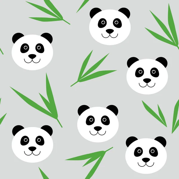 Cute kreskówki panda niedźwiedź bezszwowy wzór. Wektorowe tło z twarzą pandy i liśćmi bambusa. Dla dzieci tekstylia — Wektor stockowy
