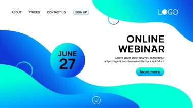 Çevrimiçi sıvı iniş sayfası şablonu. İş konferansı duyurusu web sayfası için vektör mavi sıvı arkaplan