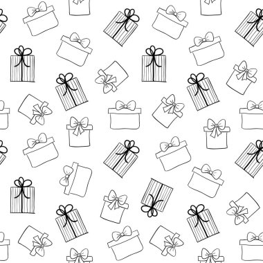 Karalama hediye kutuları kusursuz desen. Vektör el çizimi, ambalaj kağıdı ve boyama kitabı için arkaplan sunar