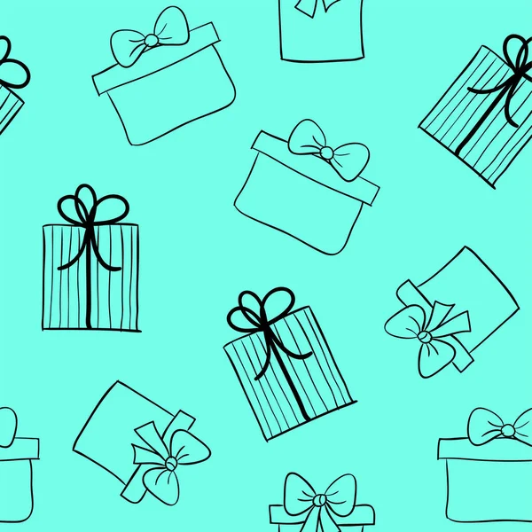 Handgezeichnete Geschenkboxen nahtloses Muster. Vector türkisfarbener Hintergrund mit Skizze präsentiert — Stockvektor