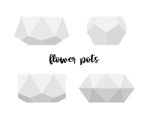 Vasos de flores brancas. Conjunto vetorial de plantadores de concreto poliedro geométrico — Vetor de Stock