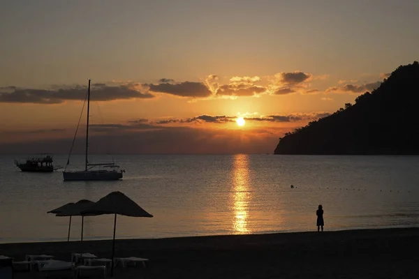 Wonderful Sunrise Sunlight Reflecting Sea Beach Adrasan Antalya Province Turkey — Stok fotoğraf