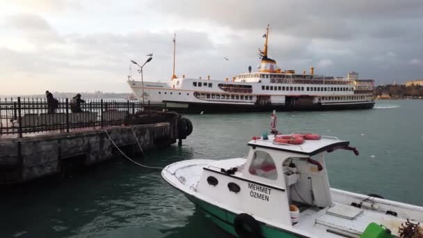 Istanbul Turkey January 2020 Ferry Docking Pier Coast Kadikoy Sunset — стокове відео