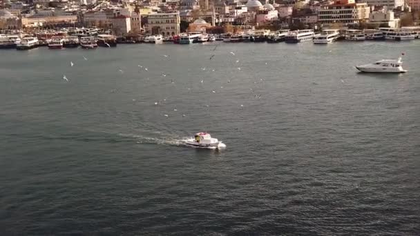 Little Fishing Boat Aerial Shot Golden Horn Istanbul — Stock Video