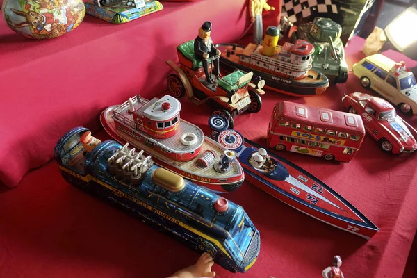 Istanbul, Turkey - March 1, 2020 : Antique tin vehicle toys at The Bomonti Antique Bazaar at Istanbul.