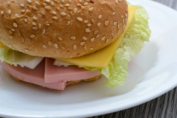 Закрыть фотографию аппетитного чизбургера с ветчиной и салом — стоковое фото