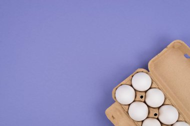 Yukarıda yukarıda, beyaz yumurta izole edilmiş mor arkaplanlı kabın fotoğraf görüntüsünü kapat