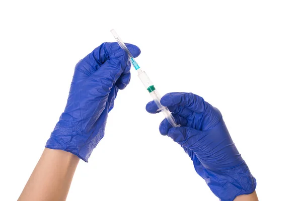 Preparing Injection Concept Cropped Close Photo Hands Blue Latex Gloves — Stock Photo, Image