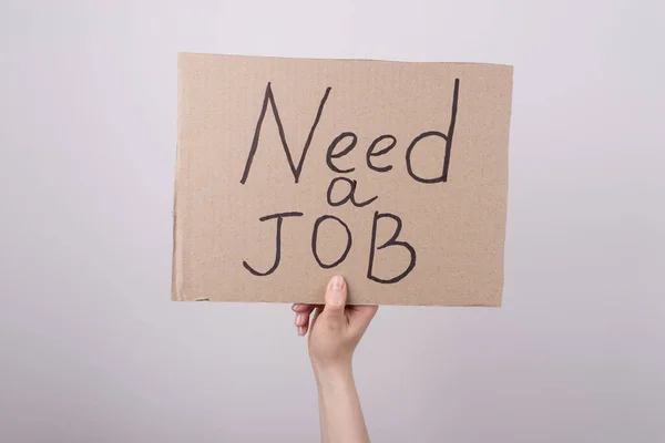 Need Job Concept Cropped Close Photo Hand Arm Holding Carton — Stock Photo, Image