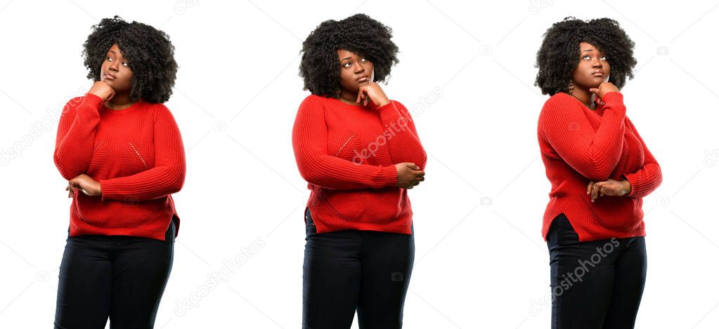 Young beautiful african plus size model thinking and looking up expressing doubt and wonder isolated over white background. Collection composition 3 figures collage