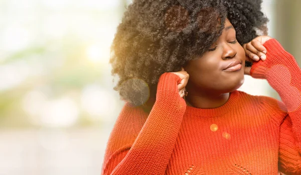 Beautiful African Woman Covering Ears Ignoring Annoying Loud Noise Plugs — Stock Photo, Image
