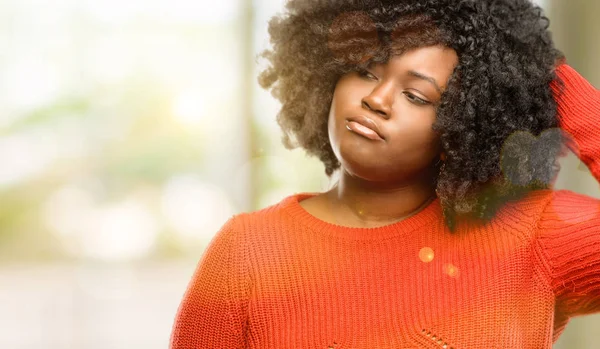 Beautiful African Woman Doubt Expression Confuse Wonder Concept Uncertain Future — Stock Photo, Image