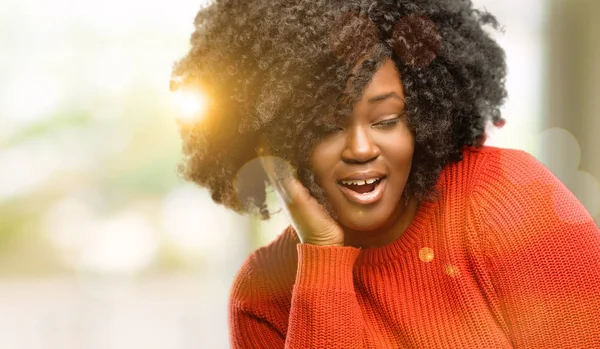 Beautiful African Woman Happy Confident Showing Big Smile Surprised Finger — Stock Photo, Image