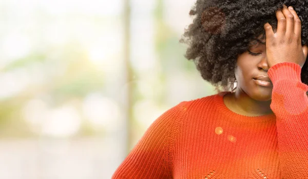 Beautiful African Woman Stressful Keeping Hand Head Tired Frustrated Outdoor — Stock Photo, Image