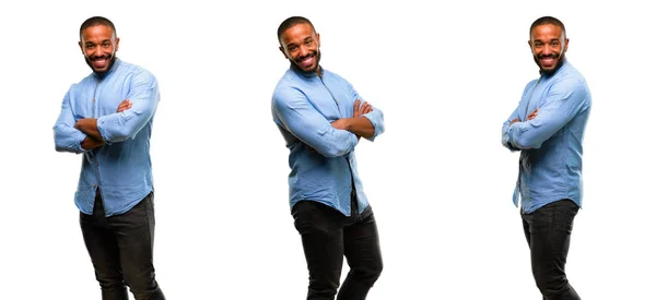 African American Man Beard Crossed Arms Confident Happy Big Natural — Stock Photo, Image